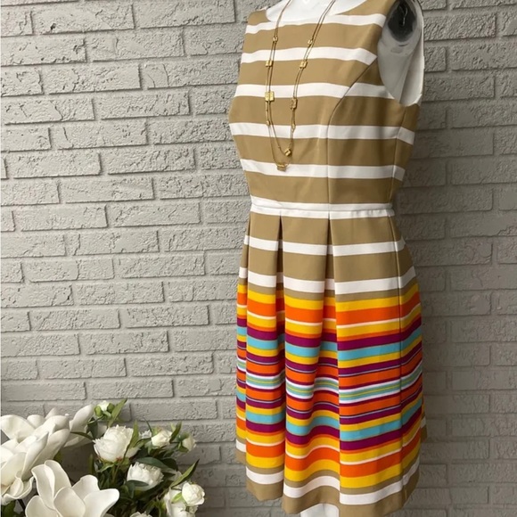 Ronni Nicole Multicolored Sleeveless Striped Pleated Sheath Dress Size 10 - Picture 6 of 9